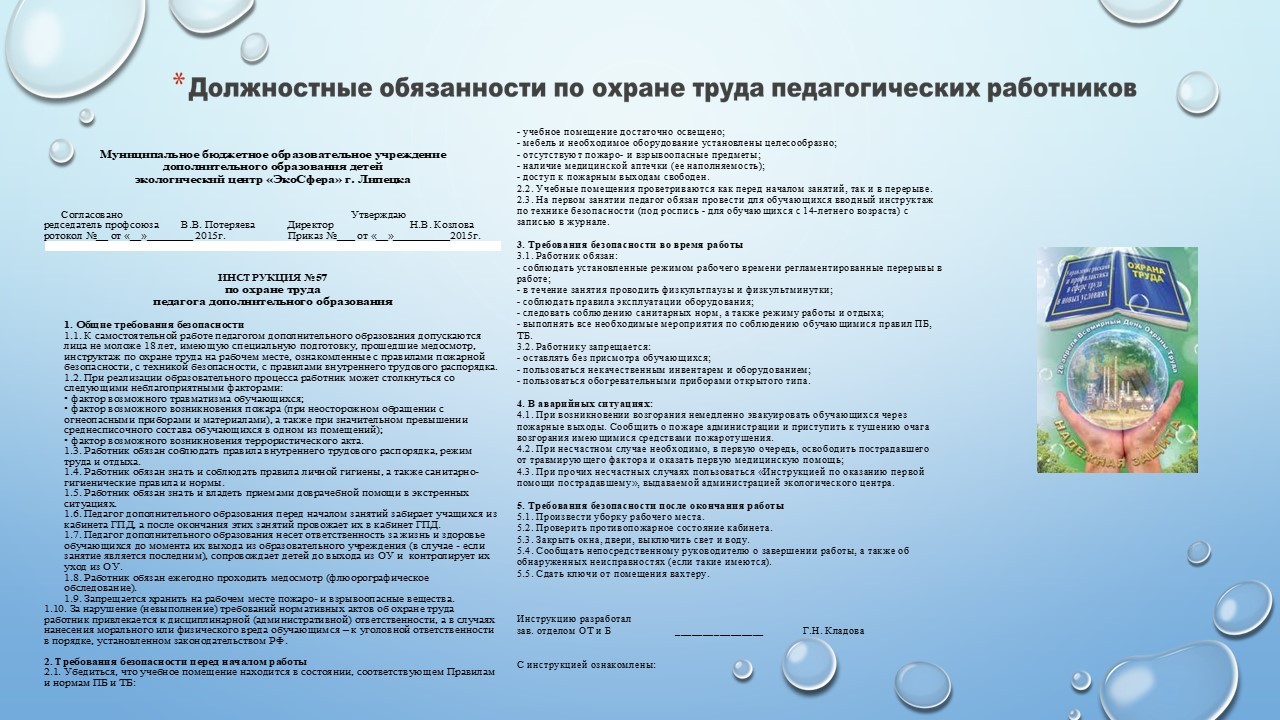 Инструктаж по охране труда и технике безопасности в учреждении — МБУ ДО ЭЦ  ЭкоСфера г. Липецка